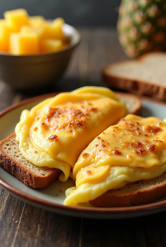 (photorealism:1.2), plate with whole wheat bread spread with margarine, egg and cheese omelette, sliced cheese, and bowl with diced pineapple.