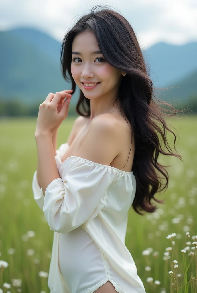 (Masterpiece),(complication:1.3),(Realistic),Young woman,, A cute bright smile.,(Beautiful long black hair with slight curls.), Blue eyes,(Slightly chubby), (big breasts), (Thai face), (Very beautiful face), white skin, small, Wear shorts, Stand sideways and grab my hair, (The wind blows gently from right to left.), There are small flowers.,(Wear a white silk shirt that shows both shoulders.),Has uniqueness,(Located in an open area, with grasslands and mountains.),Can be viewed in many formats,see the whole body,Beautifully detailed,Be natural,Complex light lines,Show after image,Professional Photographer,Have clarity,dramatic,Awarded globally,Cinematic lighting,(film grain,Blurred background,Blurred background,bokeh,depth of field)