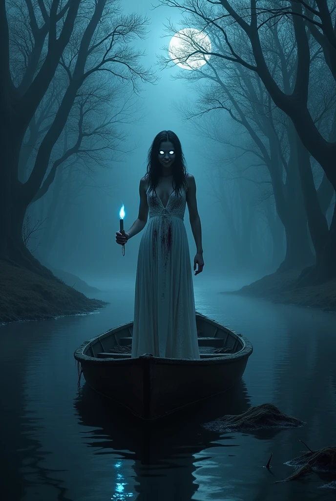The scene takes place in a dense, ancient forest, where the trees are so tall that their intertwined branches completely block out the moonlight. The darkness is total, except for a thin beam of bluish light that penetrates the thick fog, creating elongated, distorted shadows that appear to move of their own accord.In the heart of this forest, there is a small lake with black and impenetrable waters, so quiet they seem made of glass. in the center of the lake, floats an old boat, with rotten and creaking wood, apparently long abandoned. However, something seems to inhabit its darkness.inside boat, a figure is standing, immobile. It's a woman, or at least something that resembles a woman. Your white dress is in tatters, dirty with mud and dried blood, contrasting eerily with the darkness around it. Her long black hair is wet, sticking to your face, but his face is not visible – it is hidden by darkness, except for your eyes. They glow unnaturally, with a silvery glow that pierces the darkness like two sinister headlights.She holds a lit candle, but the flame is not normal; it's blue, and its light does not dispel the darkness, but it attracts her, making everything around even darker. The light only illuminates your face, revealing a twisted and insane smile, that suggests something beyond madness – a deep, inhuman malevolence.The water around the boat begins to stir slightly., as if something was moving beneath the surface, something big and invisible. The waves begin to crash against the shores of the lake, and the sound is almost drowned out by the growing murmur coming from the forest, as if thousands of voices were whispering ancient and forbidden secrets.Suddenly, the woman raises the candle and looks directly at the person watching her, his eyes shining with an intensity that freezes the blood. The murmur turns into a high-pitched scream, penetrating, and the darkness seems to close in around, leaving only the woman and her silver eyes
