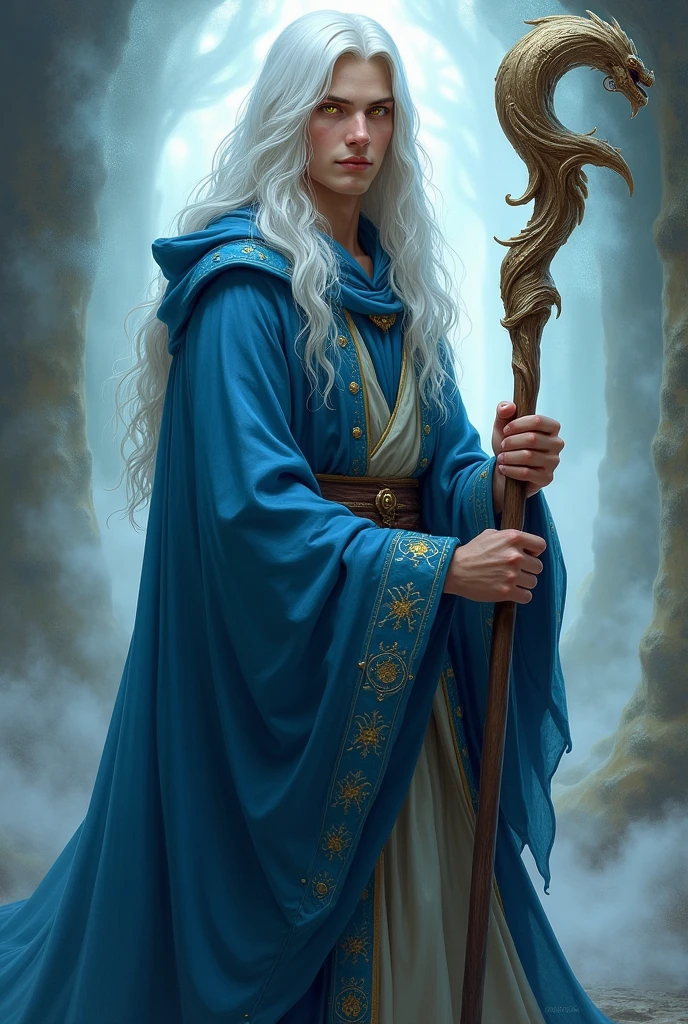 Male wizard in blue robe holding staff, LONG white hair, yellow  eyes, age 20 years