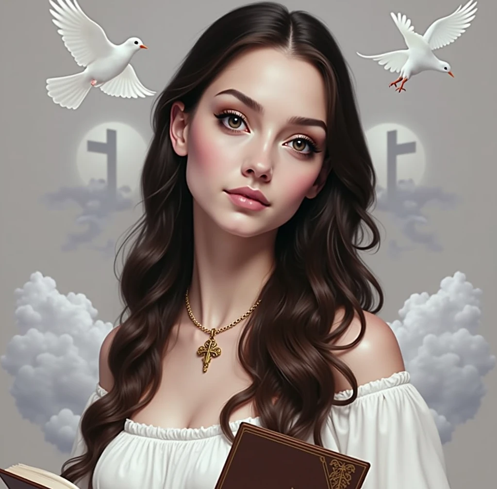Put her with beautiful eyes, big teats, hypnotizing, the pendant on her neck in gold, lots of clouds and white doves flying everywhere, a beam of light illuminating it completely, the holy bible in his hands, very large, and the cross of our Lord Jesus Christ in the background.