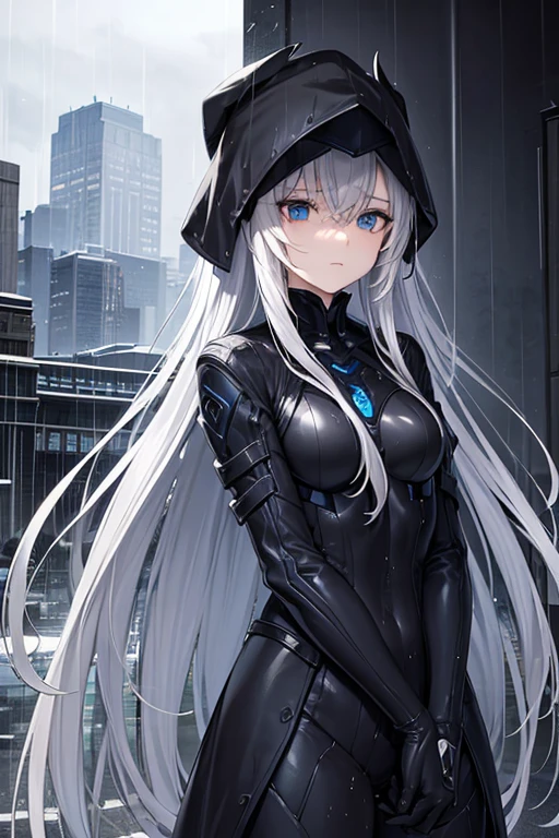 One person, High resolution, Anatomically correct, Textured skin, Long Hair,Silver Hair, blue eyes, gloomy,unrest,Sad face, in the rain,（（（Character profile）））, Black rider suit