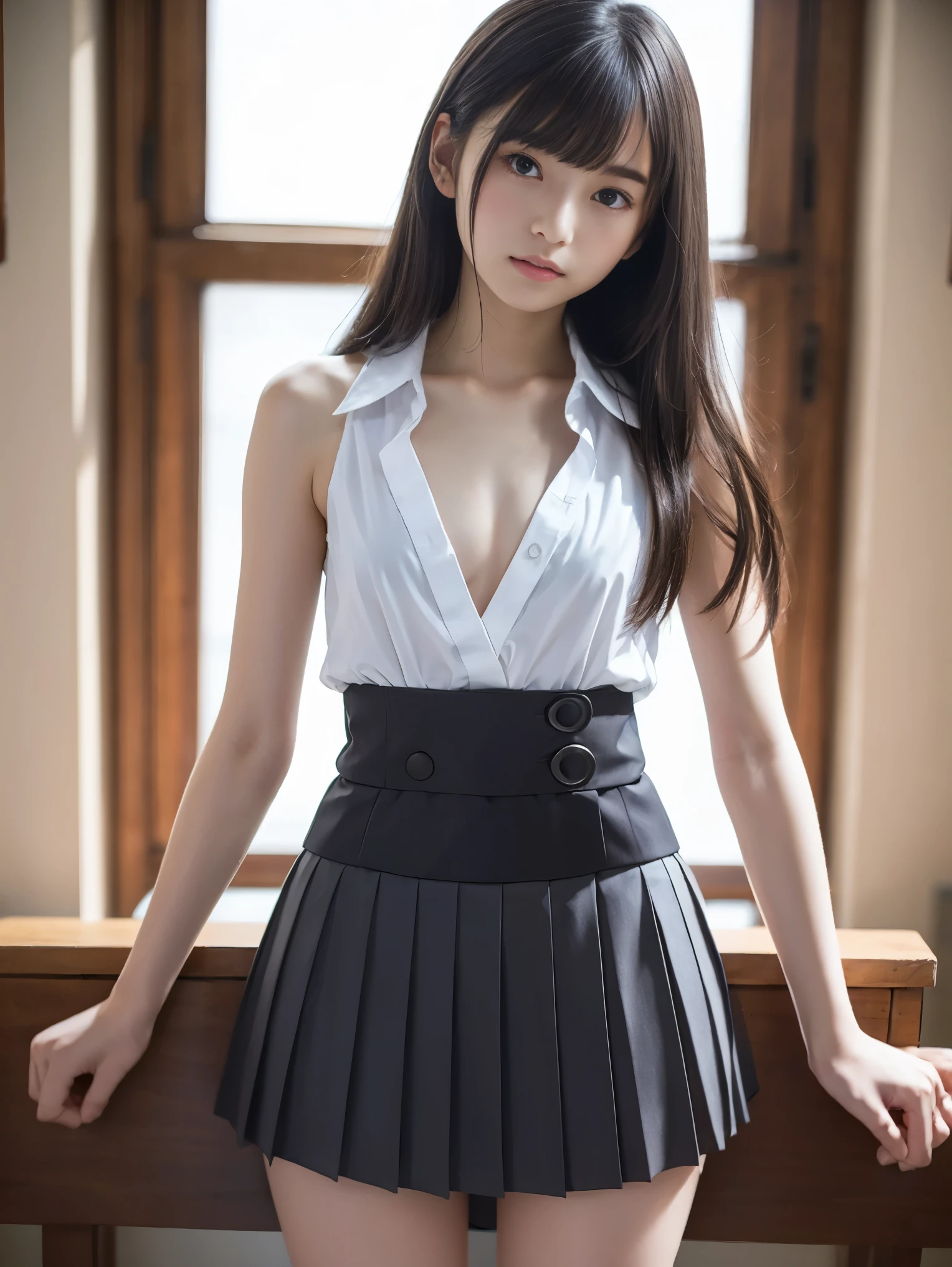 ((A beautiful girl wearing suspenders to accentuate her breasts)), (Cute school girl, Baby-faced girl:1.4, Idol Face:1.2), (Cute outfits:1.3), Beautiful breasts, Slender body line, Ultimate Beauty, ((Detailed eyes and face:1.2, Professional photography techniques)), Beautiful eyes wide open, Captivating Lips, Sexy look, (Highest quality, 8K, masterpiece:1.2, RAW Photos), (Photorealism:1.4), (Detailed hands and arms:1.1), (Delicate and beautiful hands of a girl:1.2), (Perfect Anatomy:1.2), (high waist:1.3)