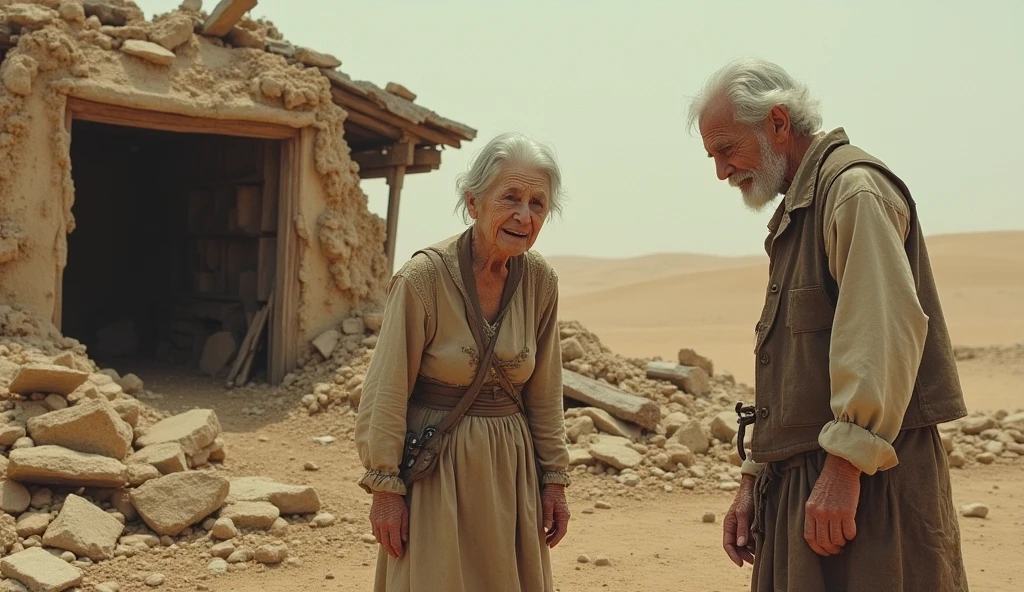 old man in old clothes and old woman in old clothes crying desperately in front of a destroyed house desert landscape