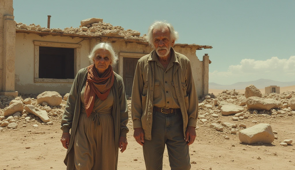 old man in old clothes and old woman in old clothes crying desperately in front of a destroyed house desert landscape