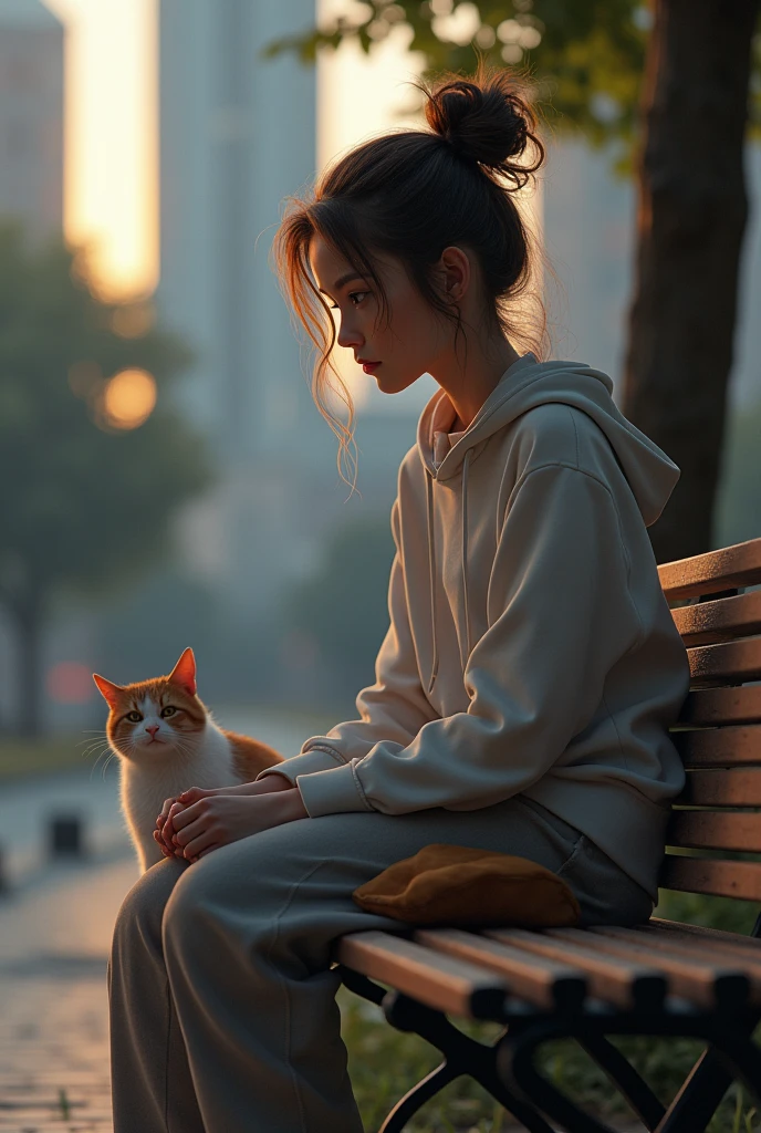 (photorealism:1.2), beautiful woman and stray cat, sitting on bench, wearing hoodie top, loose pants, messy bun hair, outdoors, soft lighting, high buildings in background, dawn, cozy, relaxed pose, mild acne of face, looking at cat, realistic, intricate details,