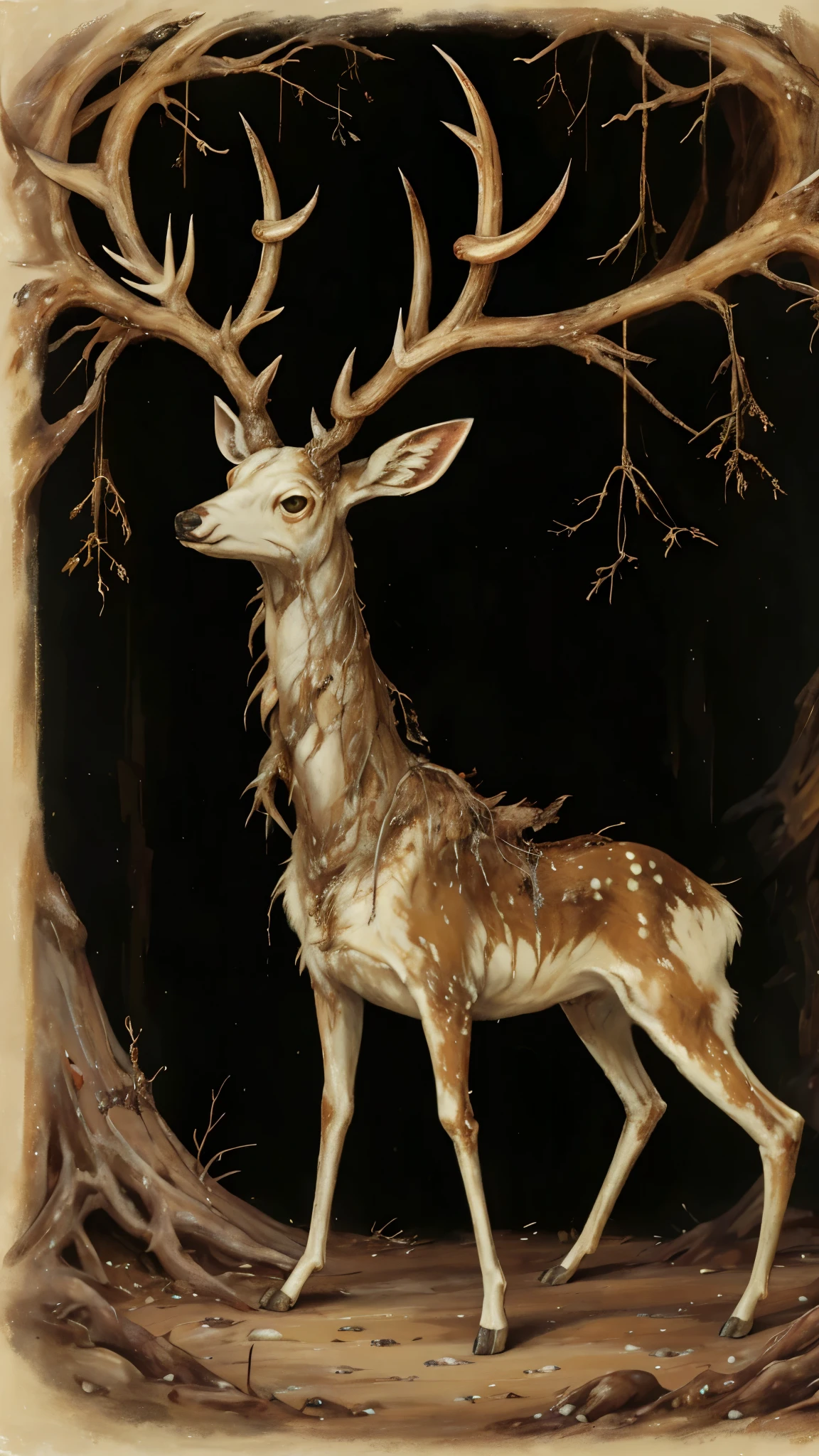A crude painting of a malformed deer, writhing, mutated, cancerous lumps, mutations, diseased, glossed over golden eyes, gnarled antlers, patchy fur, extra limbs, dead forest, on the forest floor, twitching, mutated deer, monstrous, like the thing from The Thing, on the floor dead, melty, gross, vile, bloody, missing spots of fur, multiple heads, more than two eyes, in pain, painted dim forest, in a dim forest, no light, very mutated, deformed, severely diseased, cosmic horror, rotting, black plague, very strange growths