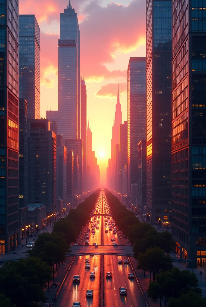A vibrant city skyline at sunset, with tall skyscrapers reflecting the orange and pink hues of the sky. The city is bustling with life, as cars and people move along the streets below. The scene captures the transition from day to night, with some buildings already lit up, while the sky above gradually darkens. The overall mood is a mix of energy and calm, showcasing the beauty of urban life.