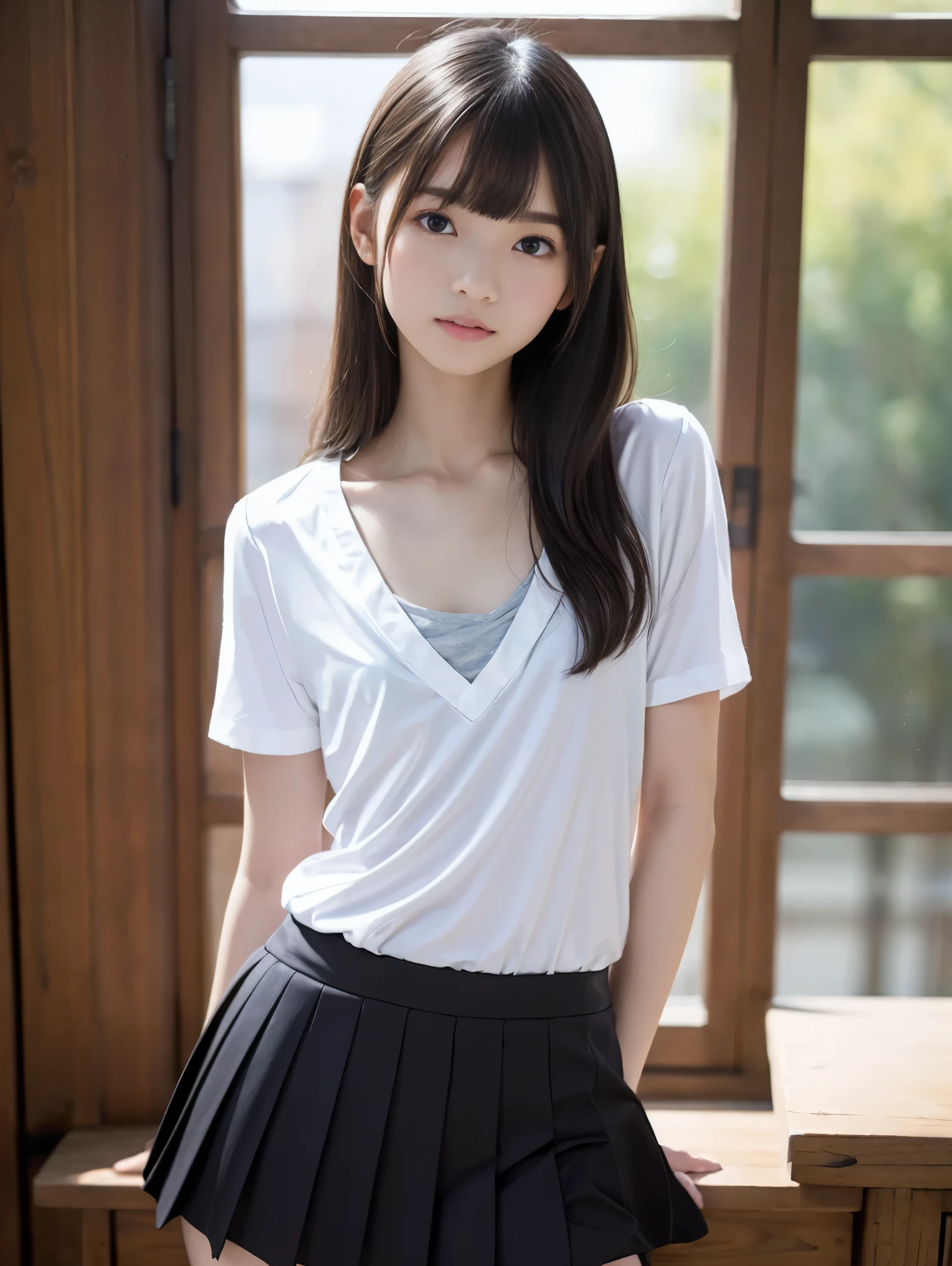 Photo quality,Masterpiece,Realistic,(16 year old cute Japanese girl:1.9),(Detailed young face:1.9),(Very embarrassed look:1.9),(Thin legs:1.9),(Wear stylish Shibuya fashion:1.9),(Posing to seduce men in the classroom,Inner thigh visible:1.9),((Droopy eyes:1.9)),((Body type of a 16 year old girl,Small Tits:1.9)),(Cute school girl hairstyle:1.9),((Skinny Legs)),Very pale skin,Show your forehead,Detailed body,Detailed hands,No makeup