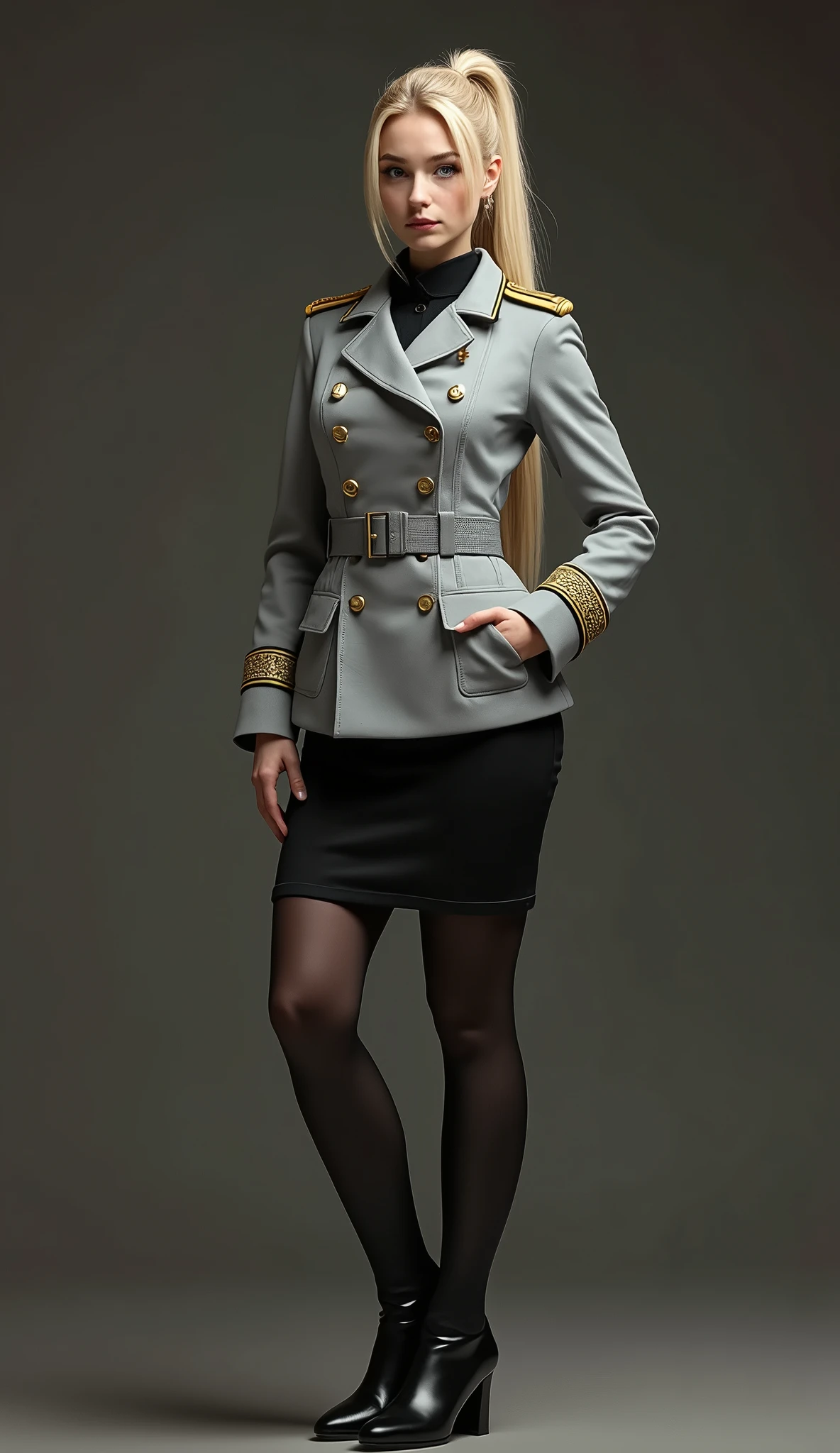 (Best quality, 4K, high resolution, masterpiece, ultra-detailed, realistic ???????, photo-realistic:1.37), araffe attractive young woman, senior military officer, (wearing Prussian Hussar uniform), (light gray double breasted blazer jacket), (black pencil skirt), Prussian Deaths Head cap, black stocking, heel boots, blonde hair, high ponytail hair style, standing confidently, This full-body portrait captures her strength and authority, with sharp focus on her uniform's details and her commanding gaze, The image evokes an aura of discipline and respect, set against a military backdrop,