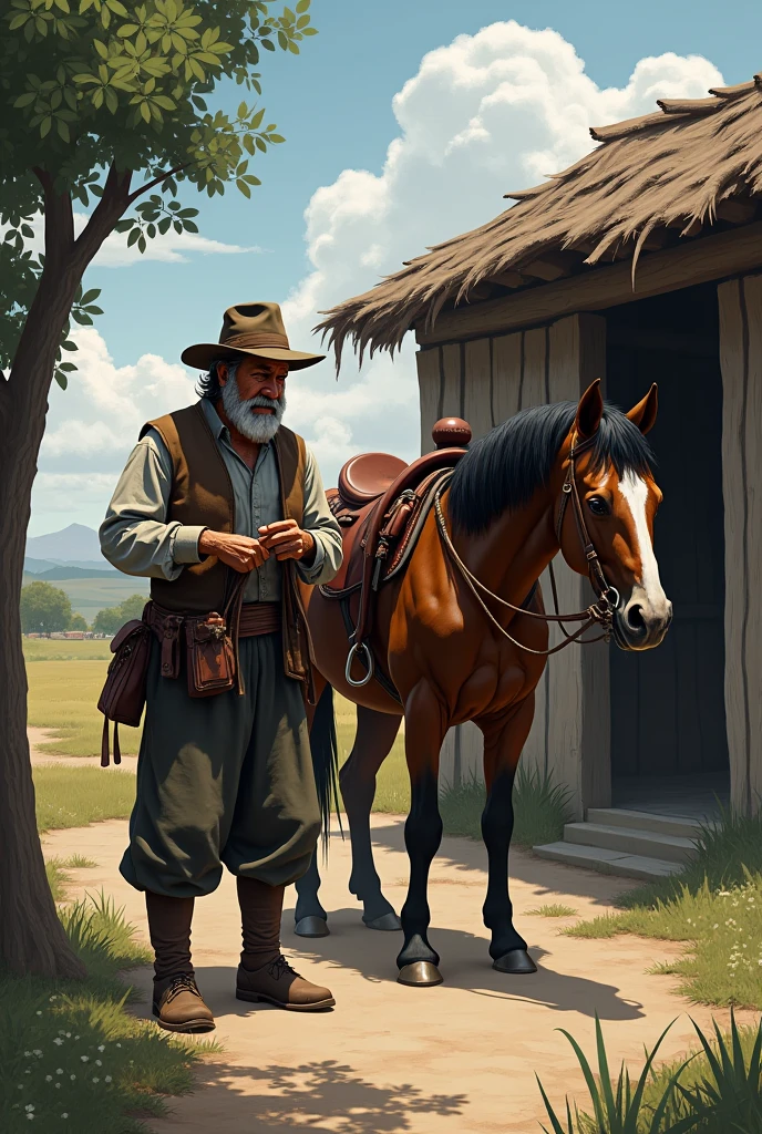 Like a muleteer (farmer) returns to the small shelter, donde al lado de este se encuentre una choza para que el caballo quede afuera durante la noche y se vea al farmer sacándole la montura al caballo.