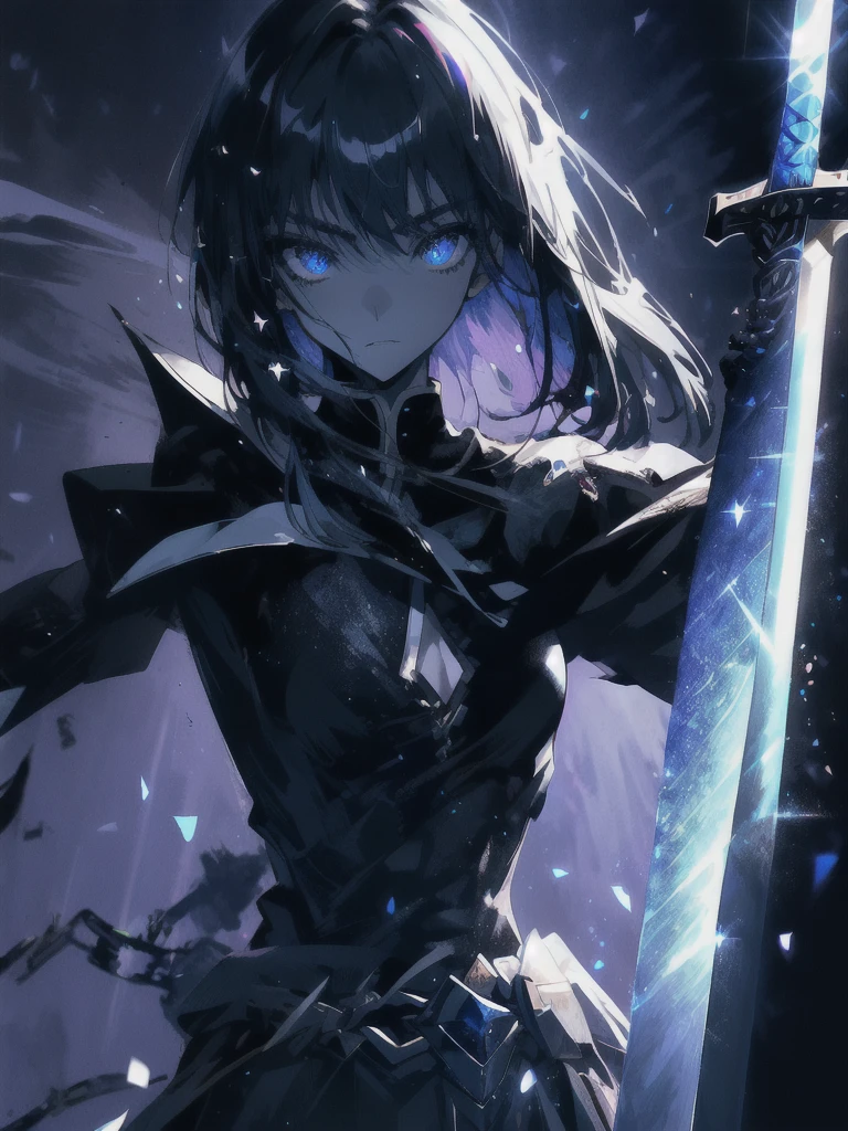 Holding a one-handed sword、Please take the black sword.、((masterpiece, highest quality, Super detailed, High resolution)), alone, beautiful girl, shining eyes, perfect eyes, 15 years old, black white gold theme,