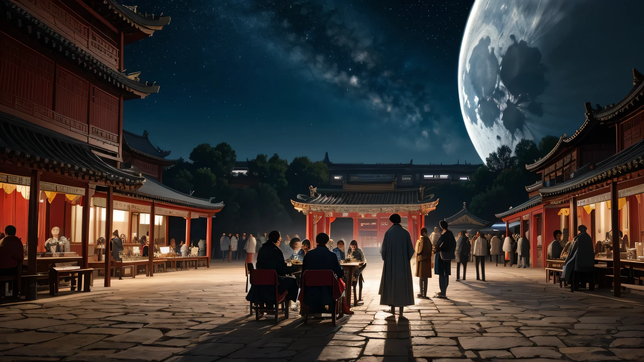 In a square of an ancient Chinese imperial city,A group of people sitting together,Towards one direction,Looking at a man in gray Chinese costume,Man standing,The sky is a deep blue, star-studded night sky,Majestic and mysterious against the backdrop of the moon and stars,The atmosphere is majestic,high quality,masterpiece,Lots of details,8k,Amazing theatrical work, movie environment, masterpiece, best quality, Award-winning works, Personalize your style, Fine details, Realistic shadows, HDR, Ultra HD