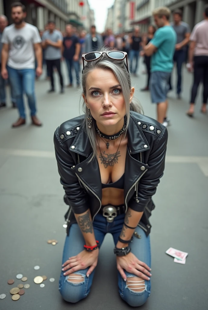 russian old milf woman, grey hair (ponytail) and oversize sunglasses as headband, with very light blue eyes, extremely pale. Wrinkles in neck and hands. Wearing cropped black moto jacket with lots of zippers and pins, black push up bra , dark skinny blue jeans and pointy silver Chelsea boots with cuban heels . Chokers. Lots of metallic bracelets and boho collars. Tacky wide studded eather belt with oversized skull and bones buckle. Long bohemian earrings. Kneeling on the floor, looking up at the camera Hands on her knees, toned six pack abdominals, thin legs and thin arms. A lot of people around looking at her. Studded black leather tote bag with chains next to her, lots of coins bank notes and all her belongings on the floor