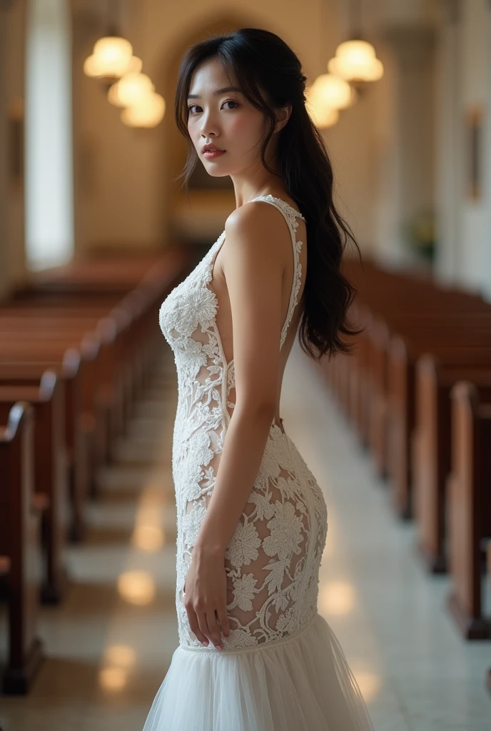 (1 woman:1.1)、​masterpiece、top-quality、(((realisitic:1.5)))、((Very beautiful adult woman、standing at the church altar))、(highlydetailed skin:1.2)、((large udder:1.2))、((fullnude:1.5))、((Smile: 1.4))、hyperdetailed face、A detailed eye、glowy skin、Gorgeous big earrings、Gorgeous Big Necklace、gorgeous tiara、((Tulle veil on head))、an legs、From the knee up、((see the beholder))、(at a slight angle from the side,)、