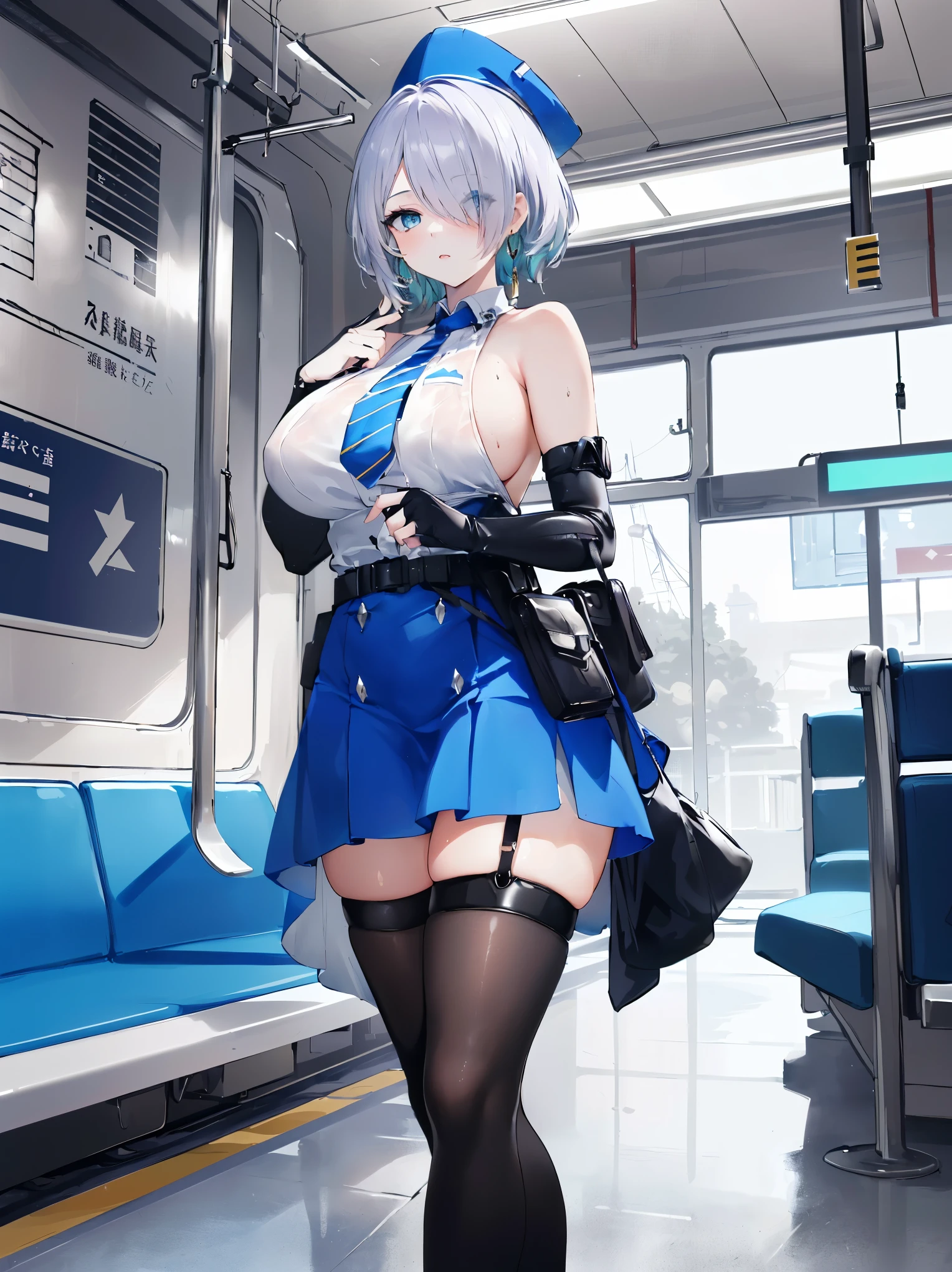 (masterpiece, best quality, ultra detailed, absurdres:1.5), 1girl, (sexy, beautiful woman, perfect face, perfect eyes, perfect female body, large breasts:1.5), (nikkebrid, white hair, low ponytail, hair over one eye, earrings, garrison cap, sleeveless shirt, long skirt, blue necktie, belt pouch, elbow gloves, high heel boots, ), (standing, indoors, future_train_landscape,future_station), perfect lighting, smooth, hdr