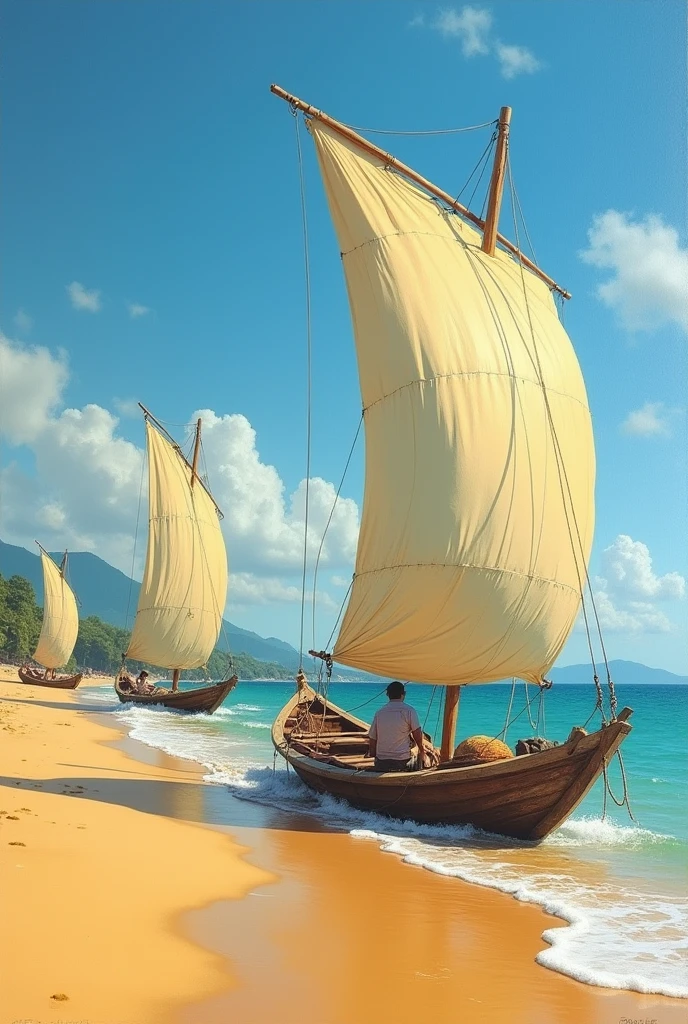 Painting rafts with sails in the wind on the sand of a beach in northeastern Brazil