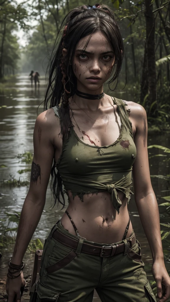 Zombie apocalypse, swamp, sexy teen, tied up hair, machete, torn tanktop, cargo pants, nsfw, exposed skin, 