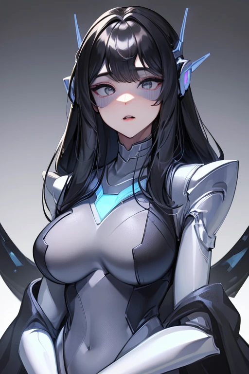 empty eyes,robotization,woman ,big bust,Robot Joint ,Metal skin,Black Suit,long hair,a black suit that covers the whole body