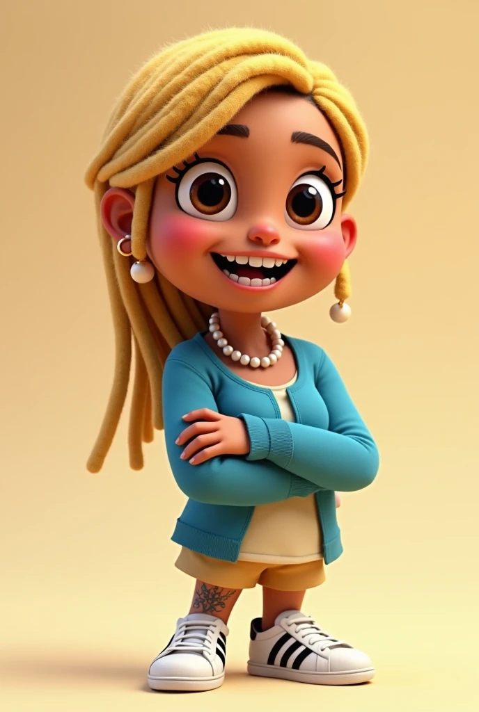 Create an animated cartoon with a rounded face, with dreadlocks in blonde hair with half side of head shaved ,blue long sleeve blouse with neckline and pearl necklace and round earring, eyes browns, natural mouth, brown skin and white smile like the woman in the picture, with beige dress shirt, flower tattoo on the forearms and crossed arms and white sneakers with 3 black stripes with a smile with white teeth, step on the social ladder, arms crossed with forearm exposed and flower tattoo on it