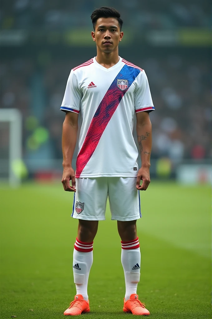 White soccer uniform, Red and blue