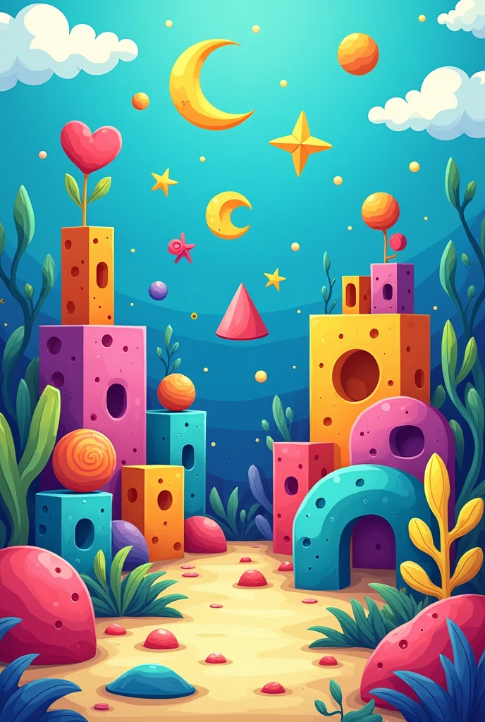 Create a simple Spongebob landscape using the following shapes: a rectangle, square, circle, triangle, oval, cylinder, trapezoid, diamond, star, pentagon, heart, semicircle, hexagon, octagon, moon, cloud, a free-form shape, and a leaf.