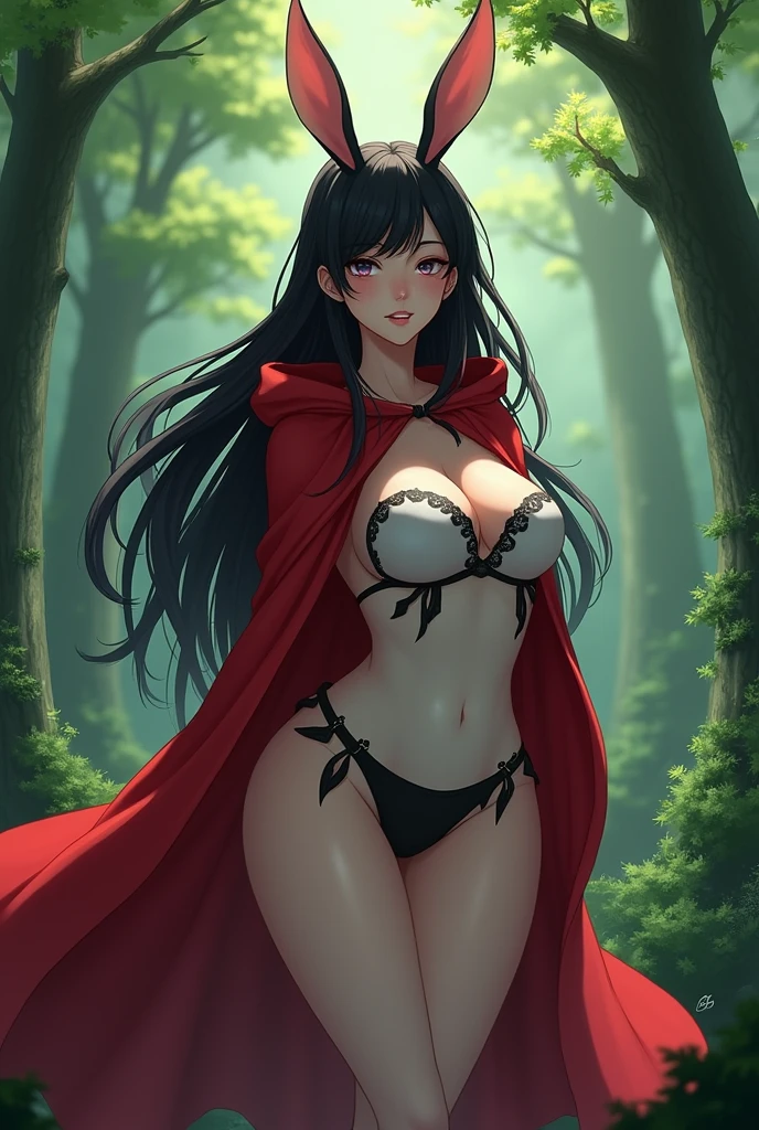 furry,anime girl, coelha, cute girl, human girl, rabbit ears, little red hidding hood, woman ,big boobs, black hair, tall