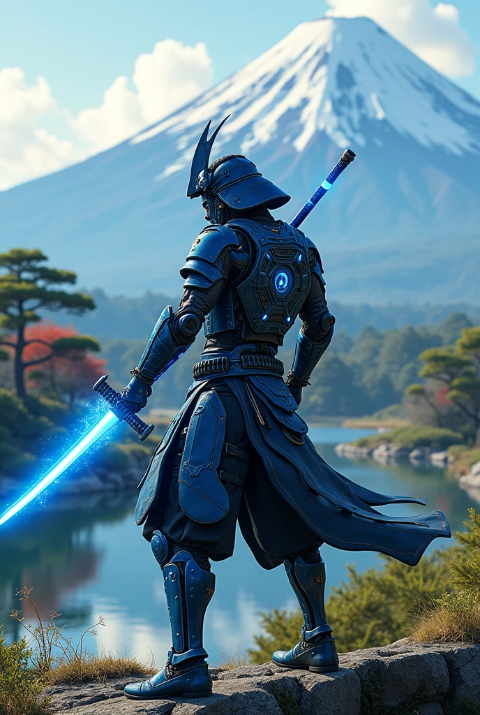 Blue and black cybernetic samurai wielding an energy sword, beautiful japan scene,
