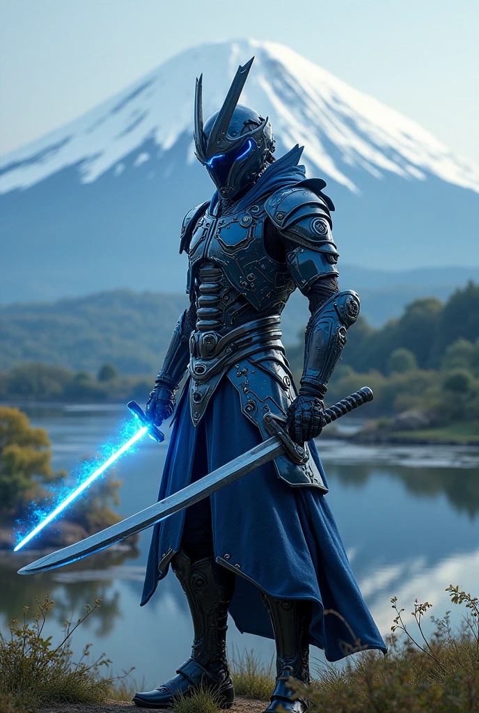 Blue and black cybernetic samurai wielding an energy sword, beautiful japan scene, 