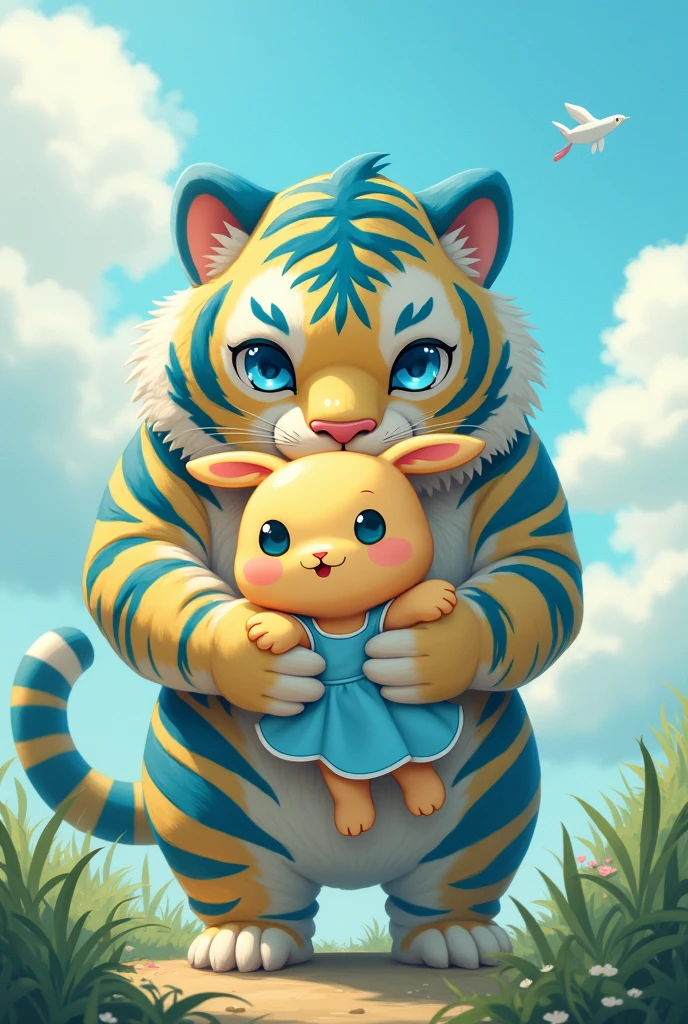 A furry anime bunny with yellow fur wearing a blue dress while being carried by a muscular cyan furred tiger with blue stripes