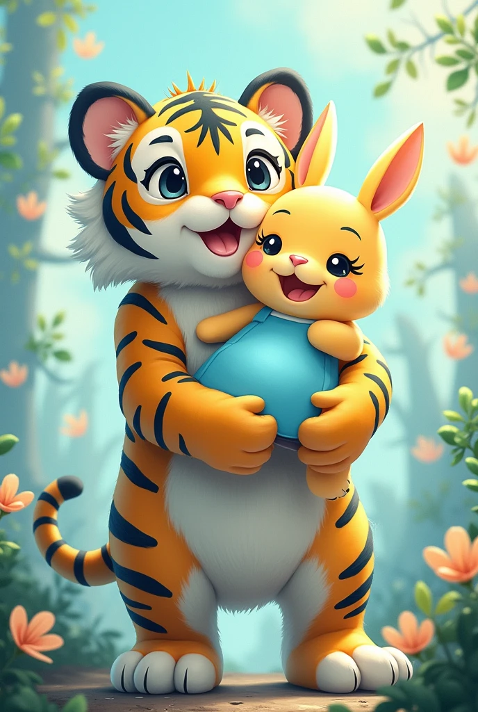 A furry anime bunny with yellow fur wearing a blue dress while being carried by a muscular cyan furred tiger with blue stripes