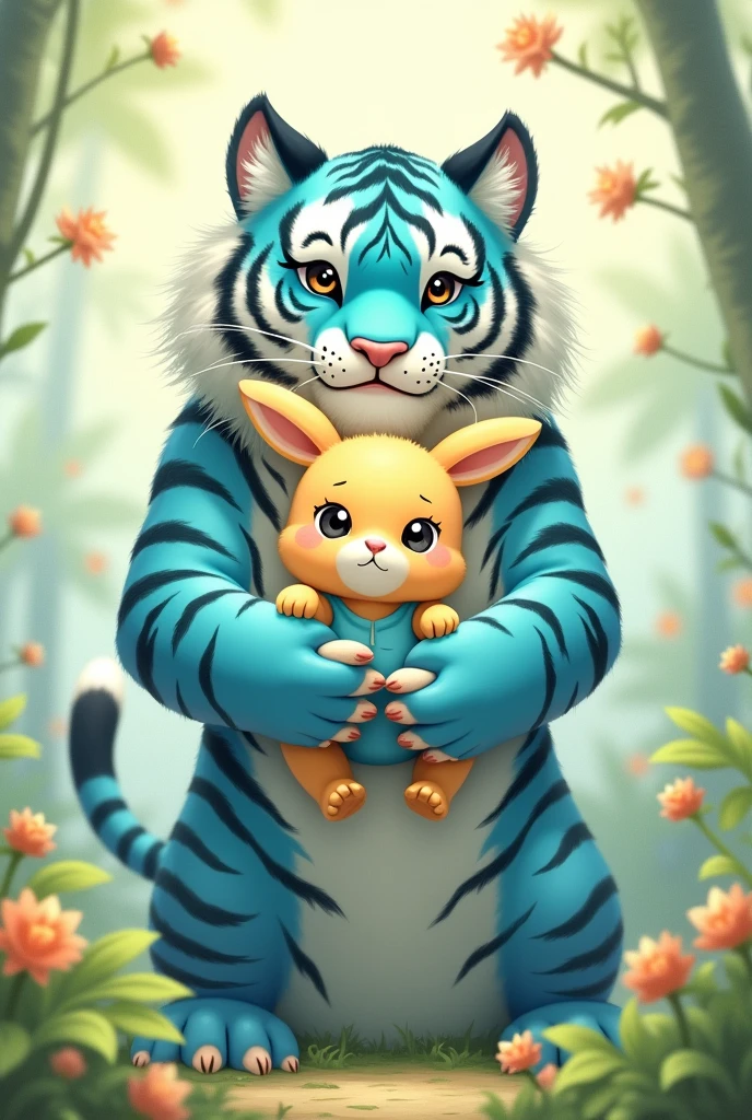 A furry anime bunny with yellow fur wearing a blue dress while being carried by a muscular cyan furred tiger with blue stripes
