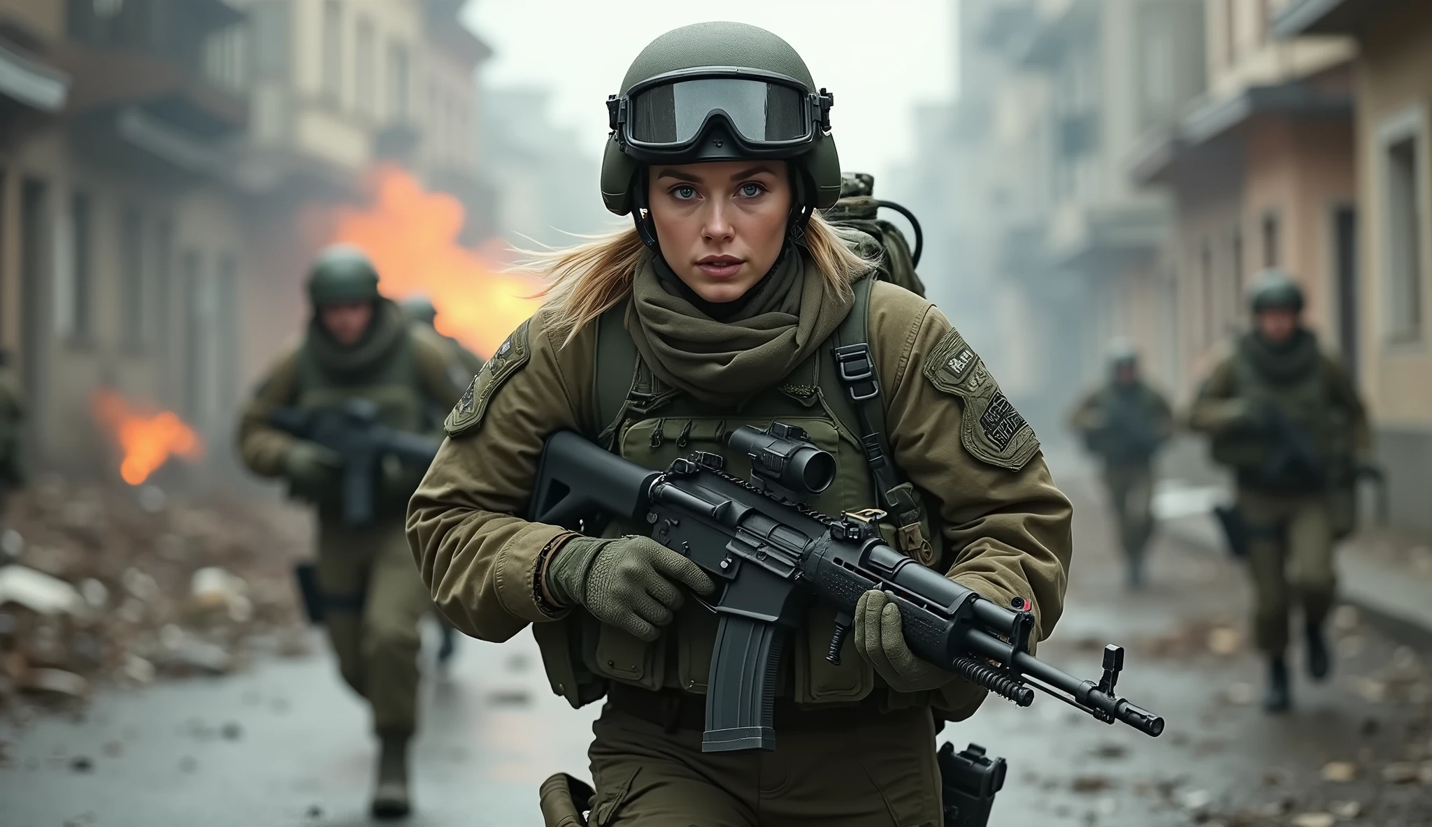 (female slavic beautiful face:1.2), Full body shot of a Russian federation female FSB Alpha Group Spetnatz, 25 years old spec ops operator running for cover under heavy fire, very short shaved blonde hair, blue eyes, Russian army camouflaged uniform, she is wearing a russian FSB alpha group helmet with combat goggles and coms, she is holding a painted AK 203 spec ops automatic rifle equiped with a scope, she is heavely geared for combat, running in a street full of debris, a few other Russian troops around her, running pose, tired face, eastern Europe town in the background, smoke in the distance, explosions around