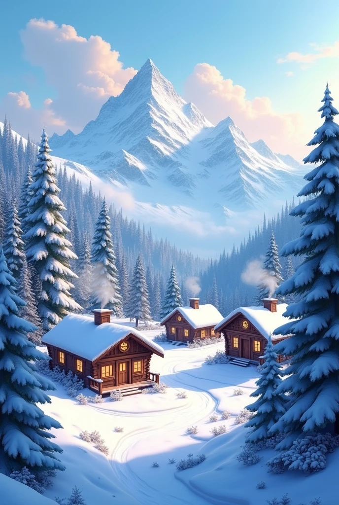A peaceful mountain village covered in a blanket of fresh snow. Cozy wooden cabins with smoke rising from chimneys are nestled among the pine trees. In the background, towering snow-capped mountains loom, with the sky clear and crisp. The scene feels warm and inviting, with a soft glow coming from the windows, suggesting the warmth inside the homes.