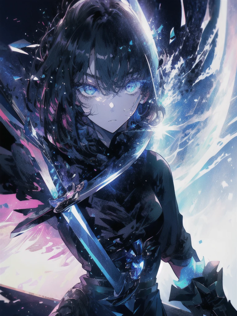 Holding a one-handed sword、Please take the black sword.、((masterpiece, highest quality, Super detailed, High resolution)), alone, beautiful girl, shining eyes, perfect eyes, 15 years old, black white gold theme,