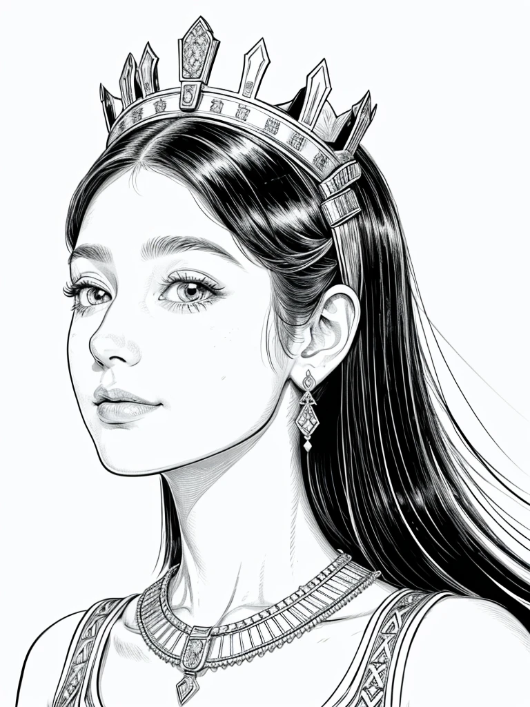 queen of ancient egypt, beautiful with a slight smile, Profile face. jewelly,aretes,necklase, desenho em thin-lines,black andwhite, marked lines, illustrator,(best qualityer,outline:1.2), white background, thin-lines