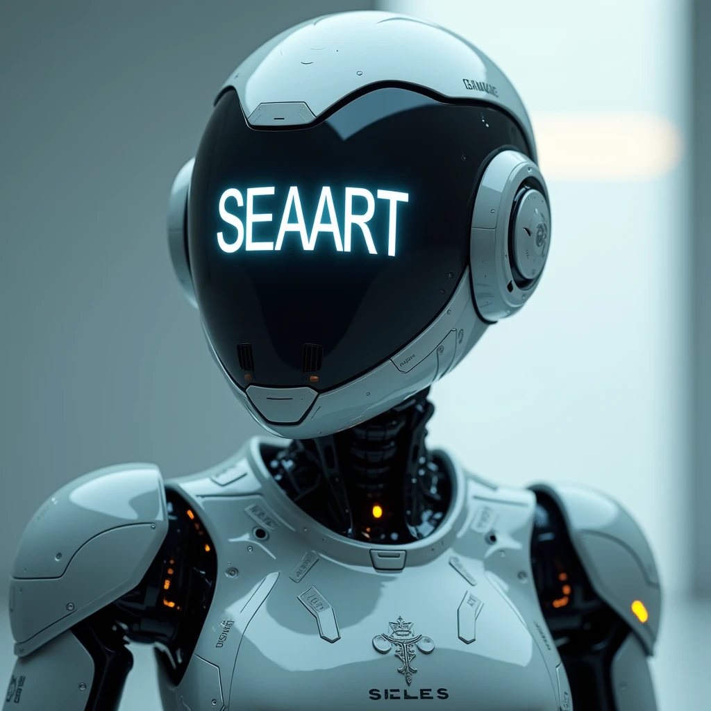 A futuristic robot with a soft glow from the giant letters “SEAART” on the helmet screen. Highly detailed hard surface rendering