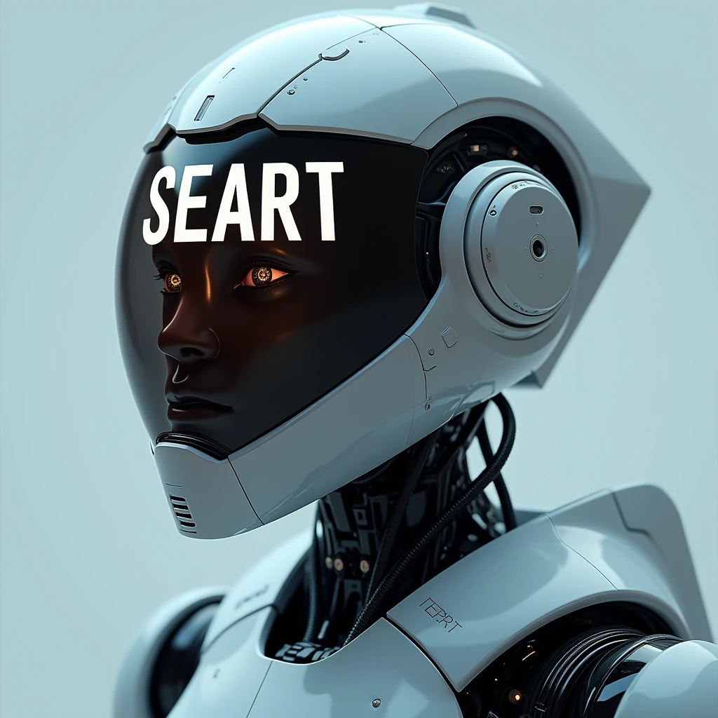 A futuristic robot with a soft glow from the giant letters “SEAART” on the helmet screen. Highly detailed hard surface rendering