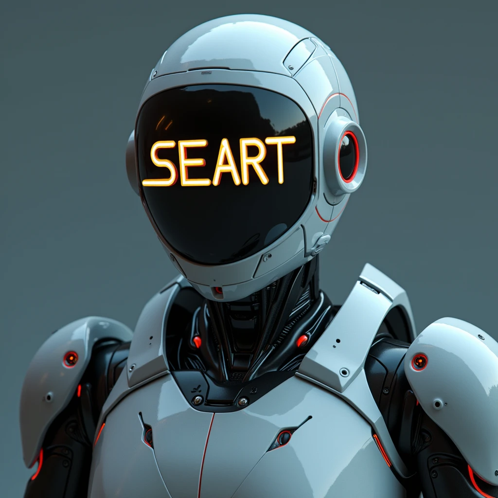 A futuristic robot with a soft glow from the giant letters “SEAART” on the helmet screen. Highly detailed hard surface rendering