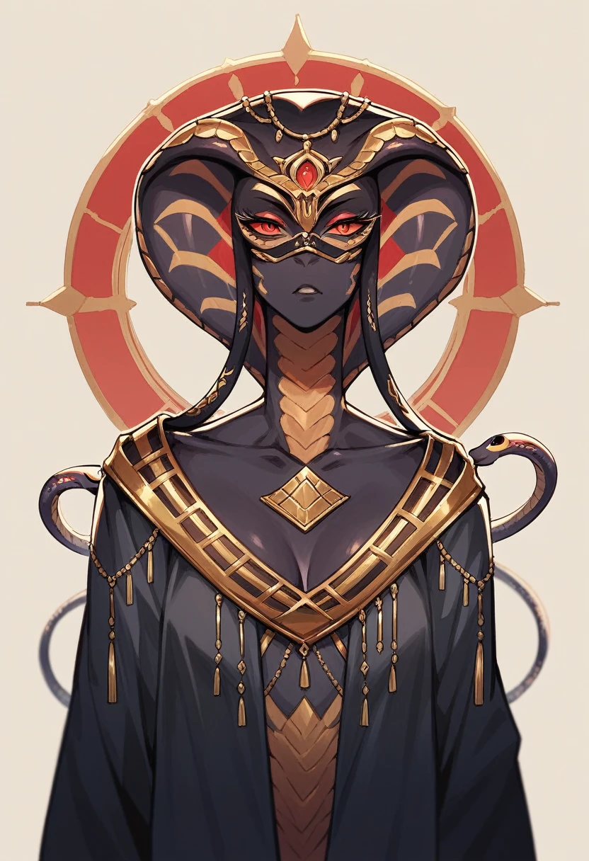 Snake woman with red and black skin patterns wearing a black robe with gold detailing with a ceremonial mask