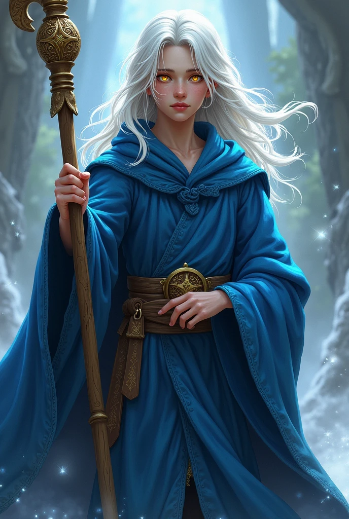 Male wizard in blue robe holding staff, LONG white hair, yellow eyes, age 20 years
