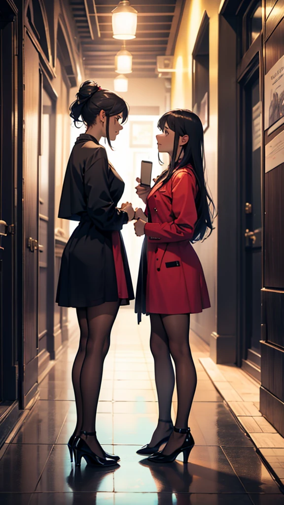 full body of adult girls in party dress, standing while talking to each other