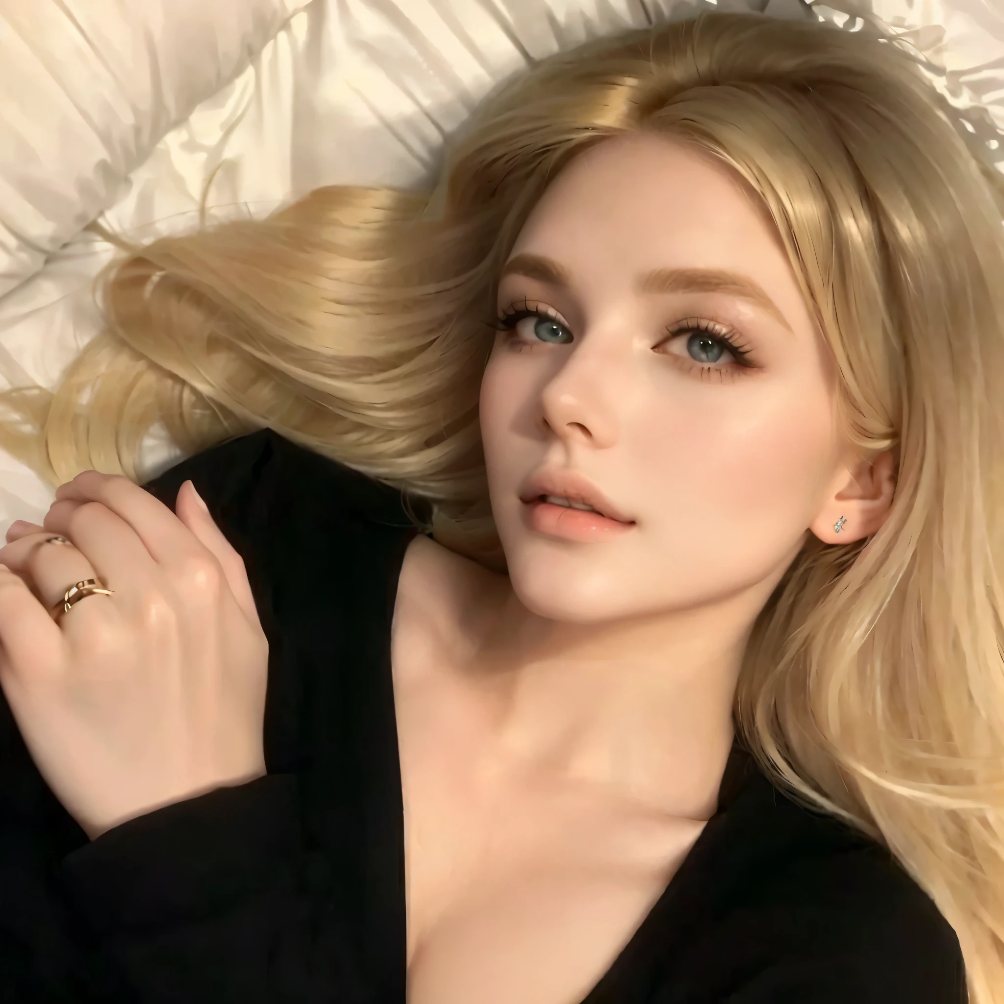 blond woman laying on a bed with a black top and a ring on her finger, attractive girl, beautiful blonde girl, long blonde hair and large eyes, blonde hair and large eyes, long blonde hair and big eyes, blonde girl, russian girlfriend, beautiful model girl, sexy girl with long blonde hair, a girl with blonde hair, a gorgeous blonde, very beautiful girl