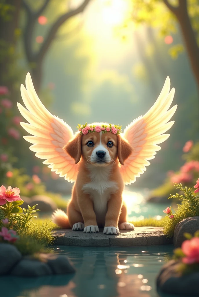 Place two angel wings on the dog and a paradise background behind the puppy with a flower crown on its head