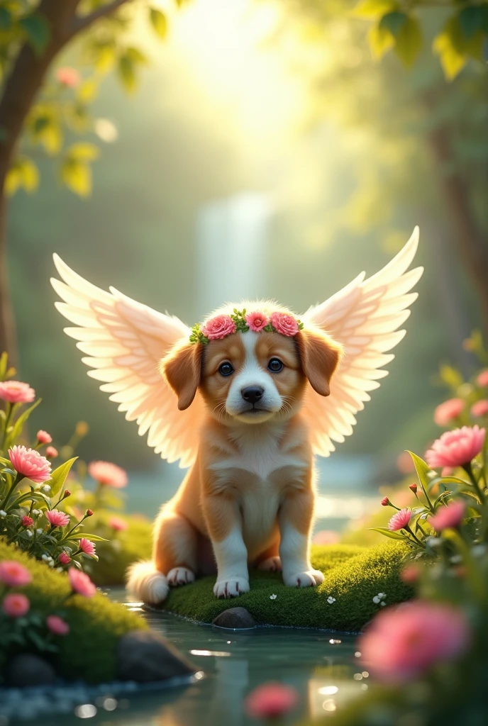 Place two angel wings on the dog and a paradise background behind the puppy with a flower crown on its head 