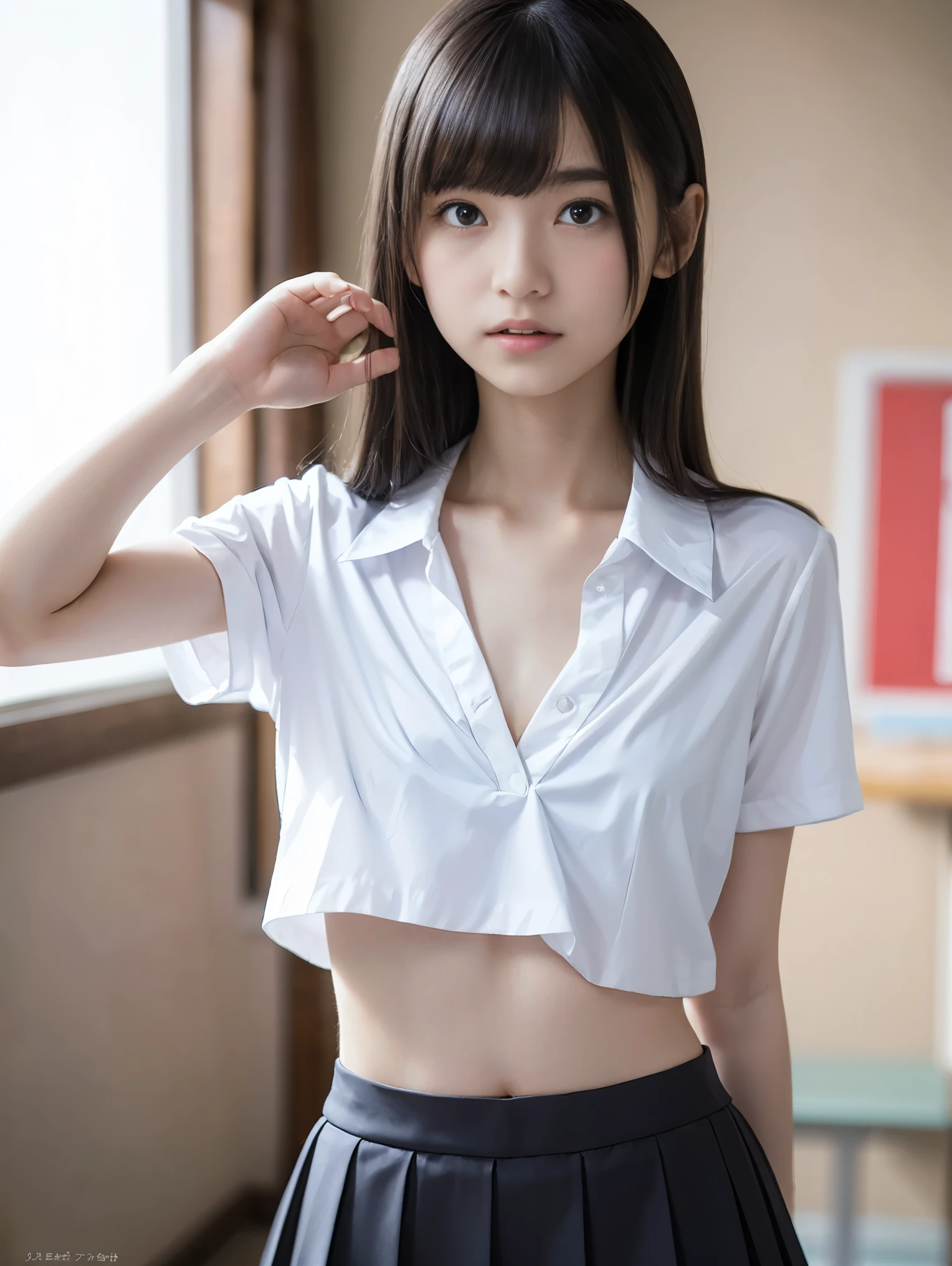 ((highest quality、perfect extreme facial details)、(stand:1.5)、(((((turn your back and look away))))、17-year-old high school girl、(When I lift up my short navy blue skirt、full nude下半身, I can see your crotch.:1.8)、(Beautiful breasts visible from the short-sleeved white shirt pulled down to the chest.:1.8)、Show ears、naked girl photoshoot、full nude、A face defeated by sadness、embarrassed and troubled face、Are crying、Take off your panties、Lower panties