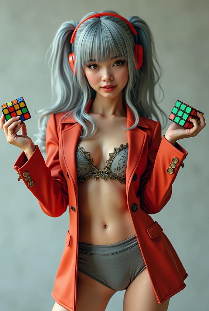 (photorealism:1.2), small woman wearing a gaudy-looking suit. She is wearing grey panties. She has wavy hair with straight bangs covering her forehead. Her hair is grey. She is holding two Rubik’s cube, one on each hand. She is in an energetic pose.