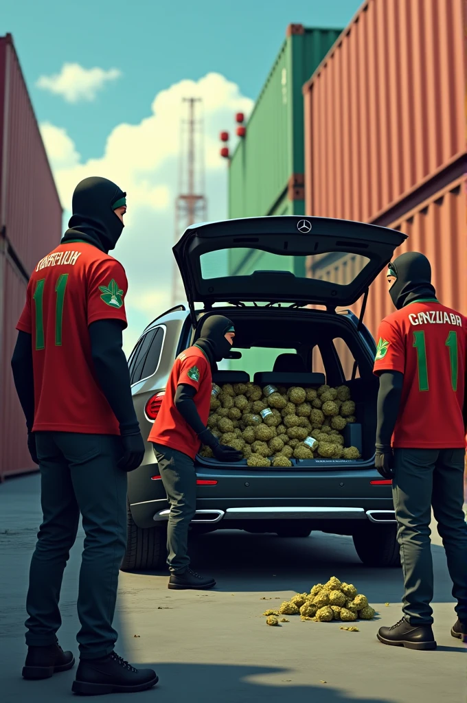 An animated image where a container full of packaged weed is being unloaded in a container port by several people and all people are wearing a Moroccan jersey and are fully masked and the weed is being loaded into the trunk of a Mercedes SUV and at the top of the image the name "STARIOTZ" is written in large letters