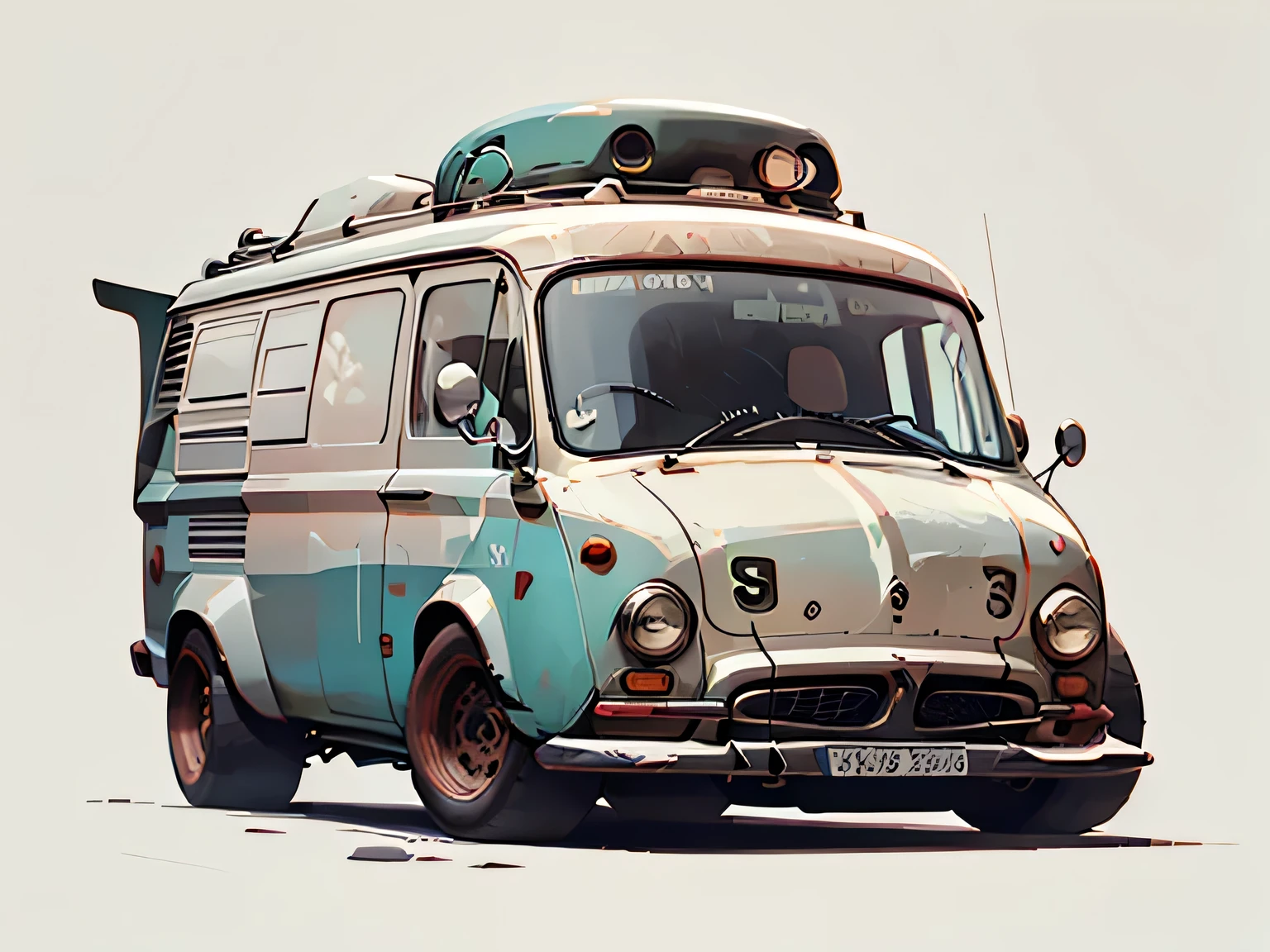 Citroen Armored Van、In 1970, With a surfboard on top, Very Detailed illustrations.", Vehicle illustration, Manga style illustration, Cartoon style, HD illustration, 超Detailed illustrations, Vector illustration, Highly detailed hyperreal, Very Detailed illustrations, Detailed illustrations, Retro illustration, Highly detailed caricature, Artistic Illustration, Highly detailed vector art, Beautiful art illustrations