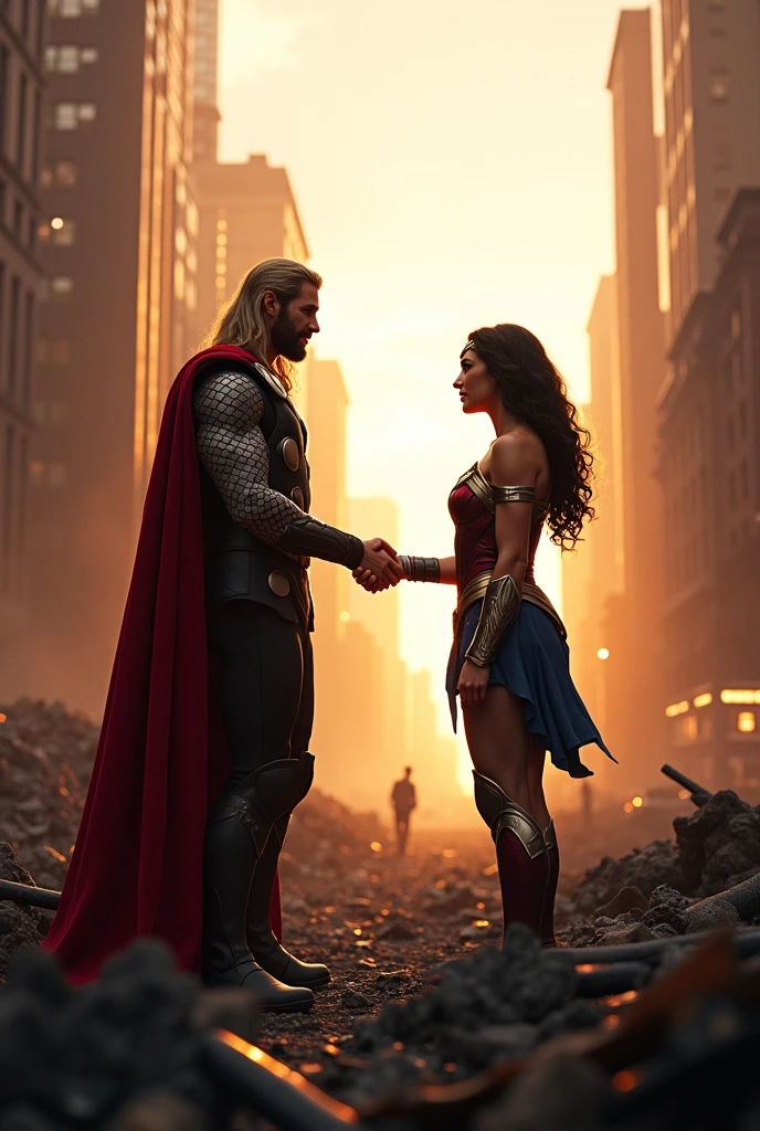 Epilogue: A New DawnPrompt: "The first light of dawn breaking over a recovering New York City. Thor and Wonder Woman, standing amidst the battle’s aftermath, exchange a handshake of friendship. The scene is serene and hopeful, with the city beginning to heal and the sky clearing from the previous chaos."